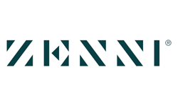 The image shows a stylized, geometric logo spelling ZENNI in dark green, with an ® symbol in the top right.
