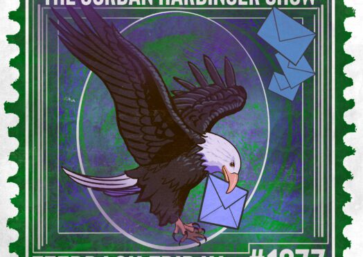 An illustrated stamp with an eagle holding an envelope in its beak, flying among blue envelopes. Text reads: The Jordan Harbinger Show, Feedback Friday, #1377. The green background and white border set the scene for this special Feedback Friday edition.
