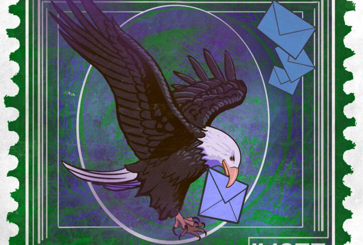 An illustrated stamp with an eagle holding an envelope in its beak, flying among blue envelopes. Text reads: The Jordan Harbinger Show, Feedback Friday, #1377. The green background and white border set the scene for this special Feedback Friday edition.