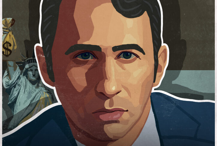 Illustrated portrait of a man in a suit with The Jordan Harbinger Show, Joseph Moore, and #1379 written on the image. In the background, theres a Statue of Liberty and a hand holding a money bag.
