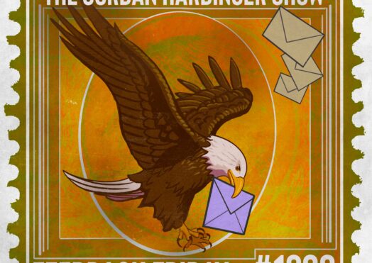 A stamp-shaped graphic of an eagle holding a purple envelope, with more envelopes nearby, perfectly represents Feedback Friday. Text reads: The Jordan Harbinger Show, Feedback Friday, #1380. Orange and green color scheme.