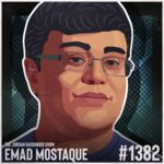 Illustrated portrait of a man with glasses and short dark hair. Text reads: The Jordan Harbinger Show, Emad Mostaque, and #1382. The background features abstract dots and patterns.