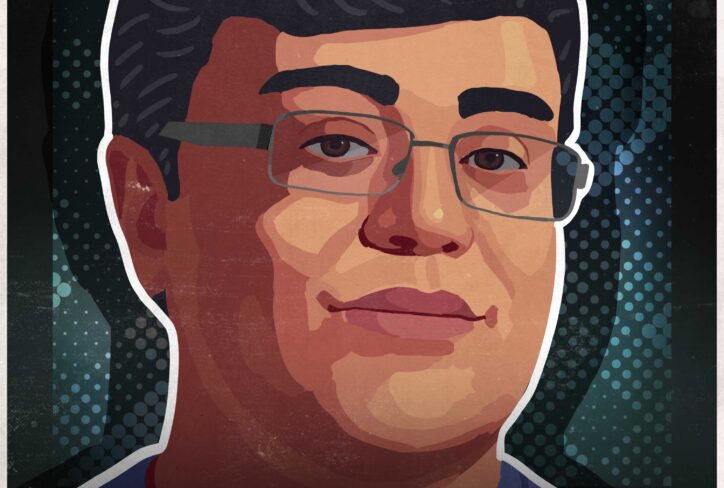 Illustrated portrait of a man with glasses and short dark hair. Text reads: The Jordan Harbinger Show, Emad Mostaque, and #1382. The background features abstract dots and patterns.