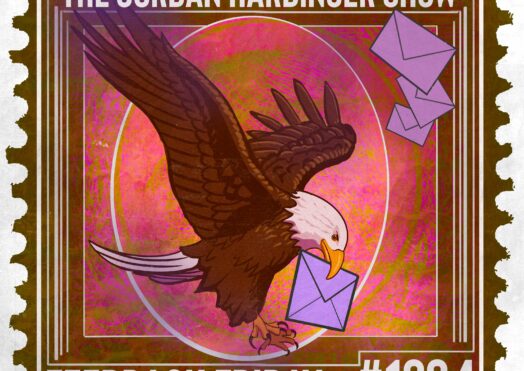 An illustrated postage stamp features a bald eagle carrying a purple envelope, with more envelopes above. Text reads: The Jordan Harbinger Show, Feedback Friday, and #1384 on a pink and brown background—perfectly capturing the spirit of Feedback Friday.