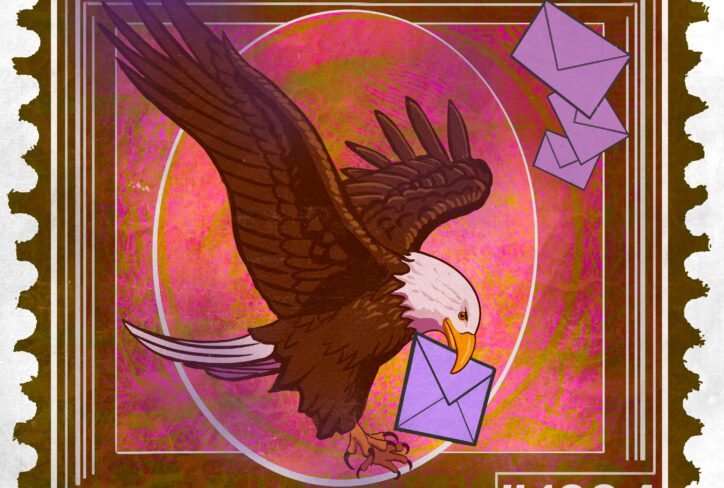 An illustrated postage stamp features a bald eagle carrying a purple envelope, with more envelopes above. Text reads: The Jordan Harbinger Show, Feedback Friday, and #1384 on a pink and brown background—perfectly capturing the spirit of Feedback Friday.