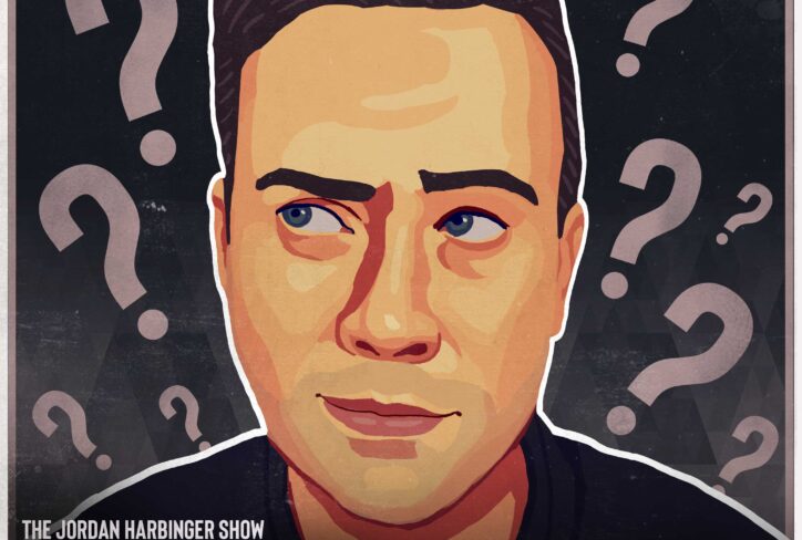 Illustrated man looking up, surrounded by question marks. Text: The Jordan Harbinger Show, Skeptical Sunday: Food Deserts, #1385. Dark background with light accents and a thoughtful expression on the man’s face sets the tone for this Skeptical Sunday episode.