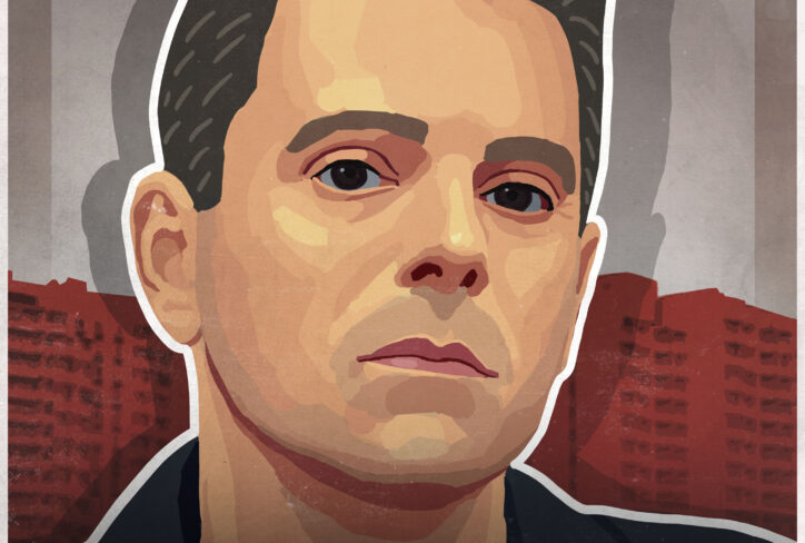 Illustrated portrait of a serious-looking man, identified as Jamison Firestone, set against a vivid red-toned cityscape background. The text reads: The Jordan Harbinger Show, featuring Jamison Firestone #1389.