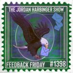 A postage stamp graphic for Feedback Friday #1398 of The Jordan Harbinger Show, featuring a bald eagle carrying a blue envelope in its beak.