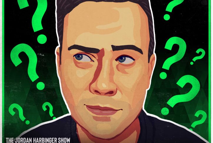 Podcast graphic for The Jordan Harbinger Show, Skeptical Sunday: Bail Reform #1399, featuring an illustrated portrait of Jordan Harbinger surrounded by question marks on a green background.