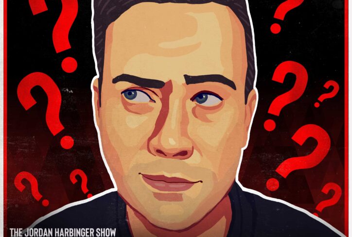 Illustration of Jordan Harbinger surrounded by red question marks for the Skeptical Sunday episode titled The Jordan Harbinger Show: Restaurant Food, #1403.