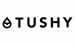 The word TUSHY is written in bold black letters, with a black water droplet-like symbol replacing the letter U.